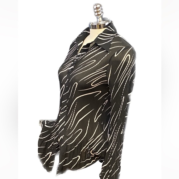 Abstract Crimp Sheer Fabric Collared Button Down Blouse Dress Shirt NWT Sz L - Picture 3 of 7